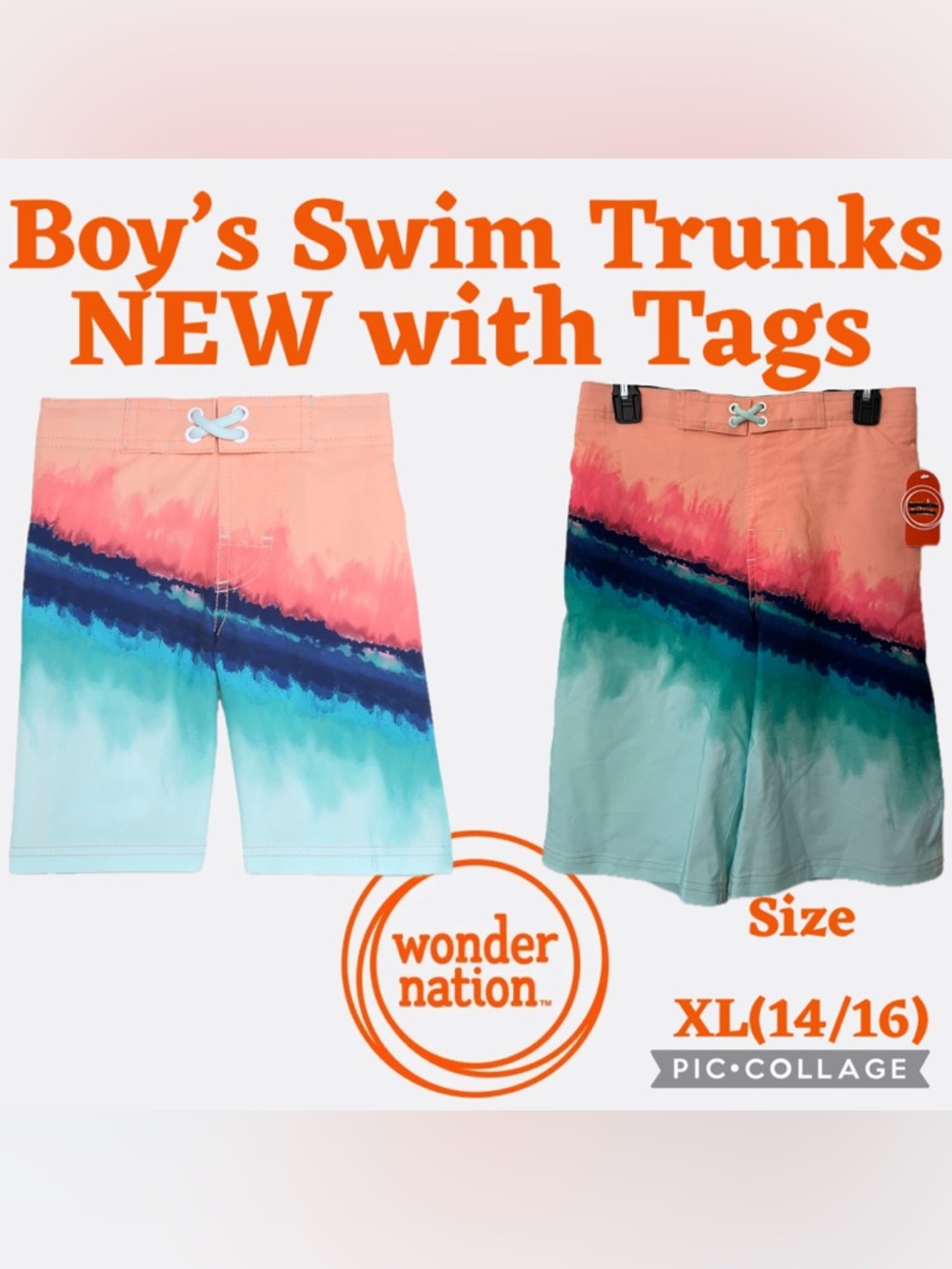 Wonder Nation Boys Quick Dry Swim Trunks Back Pocket UPF 50+ Size XL(14/16) NEW